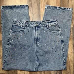 Y2K 90’s NWT Acid Wash Blue Denim Metal Studs Wide Leg Pants Retro Skater Grunge